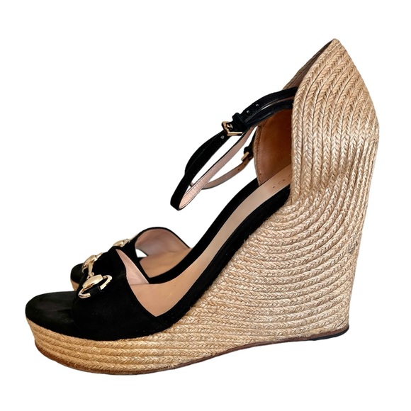 Gucci Horsebit  Suede Wedge Espadrille Platform Wedge Black Suede Sandals S 40 - Picture 4 of 10